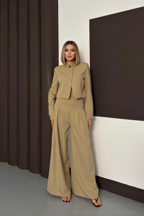 Bej Çift Düğmeli Ceket Ve Pileli Dokuma Pantolon Alt Üst Takım BCHN-254005