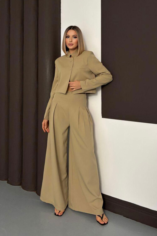Bej Çift Düğmeli Ceket Ve Pileli Dokuma Pantolon Alt Üst Takım BCHN-254005