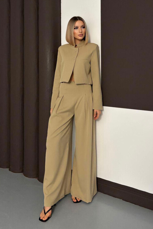 Bej Çift Düğmeli Ceket Ve Pileli Dokuma Pantolon Alt Üst Takım BCHN-254005