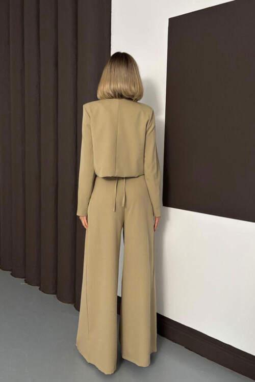 Bej Çift Düğmeli Ceket Ve Pileli Dokuma Pantolon Alt Üst Takım BCHN-254005