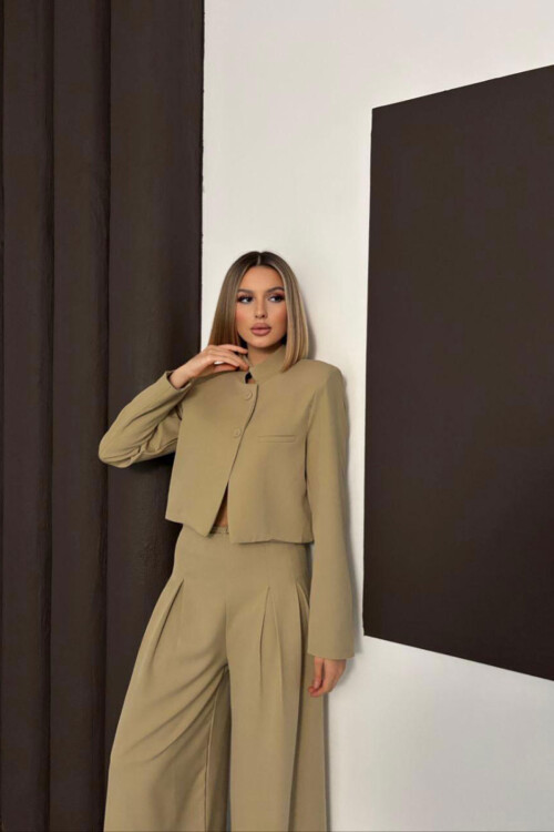 Bej Çift Düğmeli Ceket Ve Pileli Dokuma Pantolon Alt Üst Takım BCHN-254005