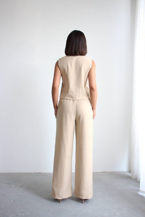 Bej Hakim Yaka Bluz Ve Beli Lastikli Dokuma Pantolon Alt Üst Takım BCHN-2626821