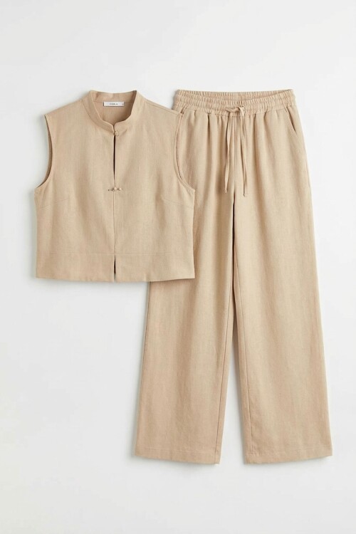 Bej Hakim Yaka Bluz Ve Beli Lastikli Dokuma Pantolon Alt Üst Takım BCHN-2626821