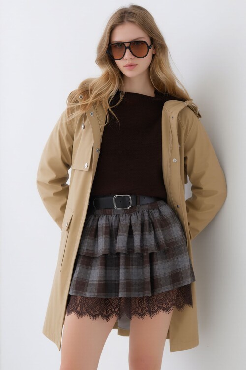 Bej Kapüşonlu Fermuarlı Çift Cepli Yağmurluk Ceket BCHNV-261269