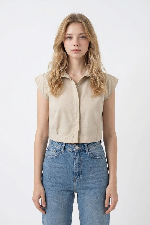 Bej Kolsuz Yazlık Poplin Dokuma Gömlek