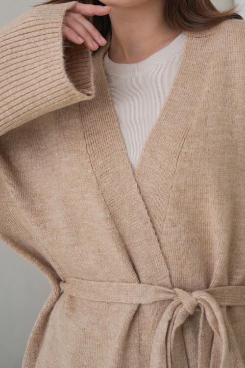 Bej Kuşak Bağlamalı Uzun Triko Hırka BCHPK-251237