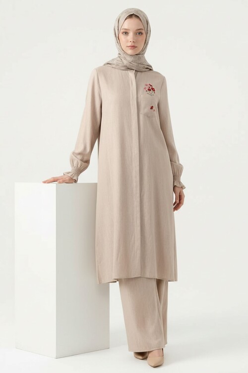 Bej Nakış Detaylı Tensel Tesettür Alt Üst Takım