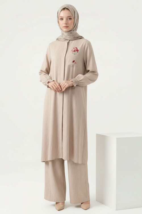 Bej Nakış Detaylı Tensel Tesettür Alt Üst Takım