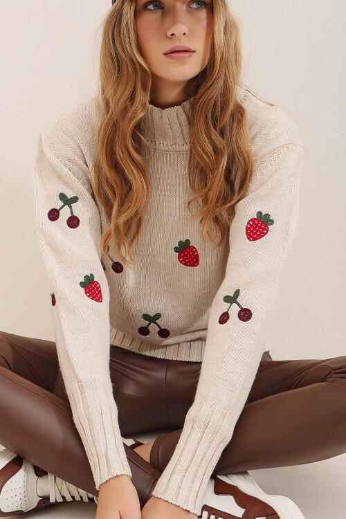 Bej Nakış İşlemeli Bisiklet Yaka Triko Kazak BCHESQ-251235