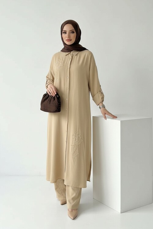 Bej Nakışlı Viskon Kumaş Tesettür Alt Üst Takım 