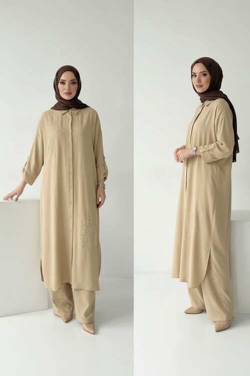 Bej Nakışlı Viskon Kumaş Tesettür Alt Üst Takım 