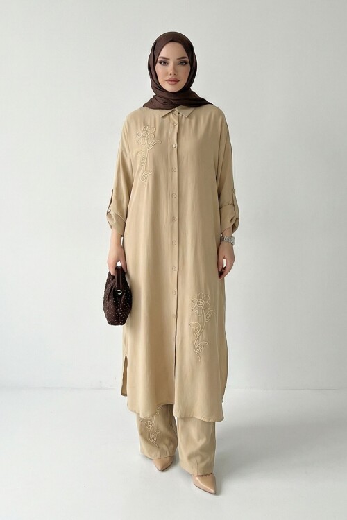 Bej Nakışlı Viskon Kumaş Tesettür Alt Üst Takım 