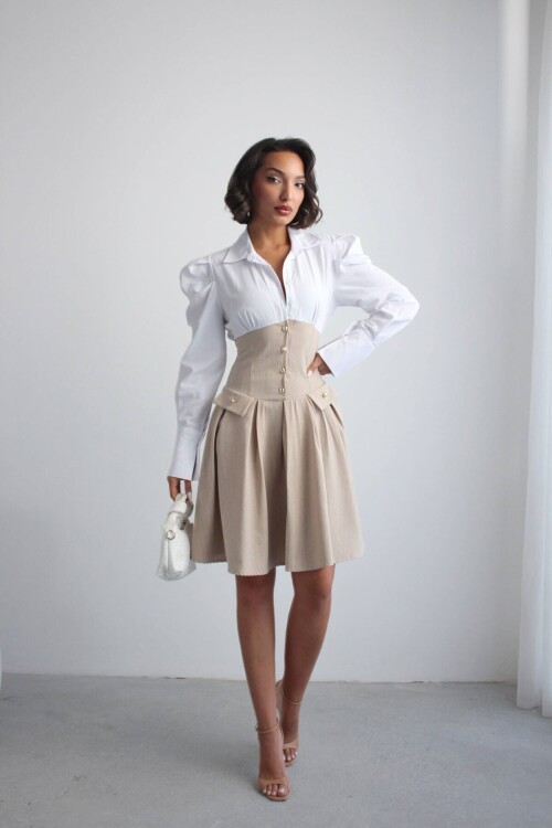 Bej Pileli Çizgili Dokuma Gömlek Elbise BCHN-2526115