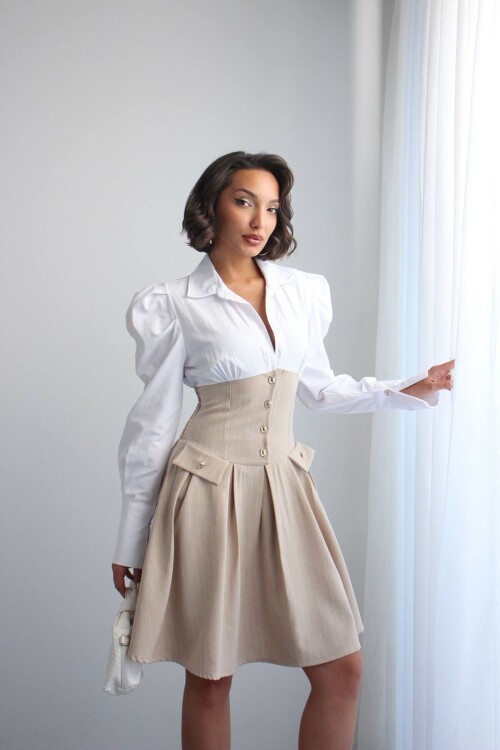 Bej Pileli Çizgili Dokuma Gömlek Elbise BCHN-2526115