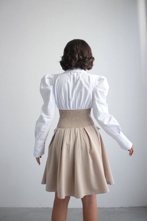 Bej Pileli Çizgili Dokuma Gömlek Elbise BCHN-2526115