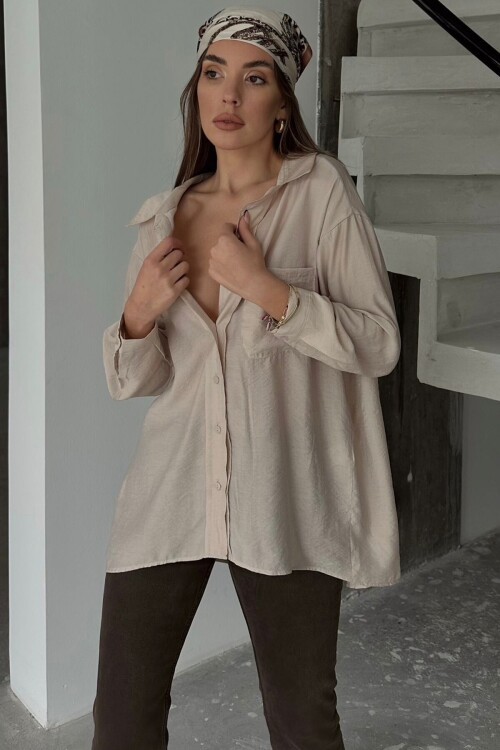 Bej Tek Cepli Uzun Kol Oversize Gömlek BCRU-261293