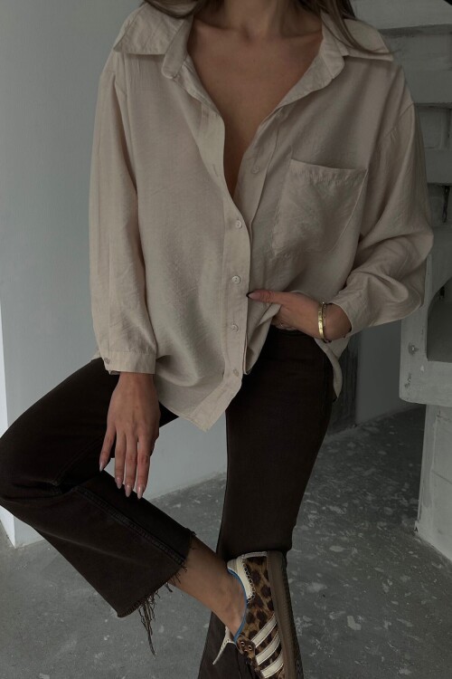Bej Tek Cepli Uzun Kol Oversize Gömlek BCRU-261293