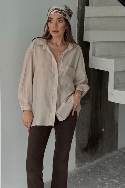 Bej Tek Cepli Uzun Kol Oversize Gömlek BCRU-261293