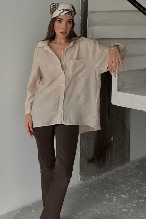 Bej Tek Cepli Uzun Kol Oversize Gömlek BCRU-261293