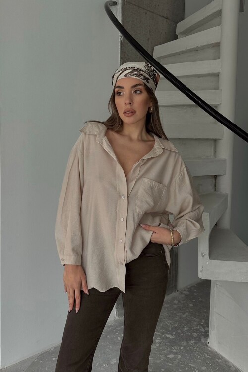 Bej Tek Cepli Uzun Kol Oversize Gömlek BCRU-261293