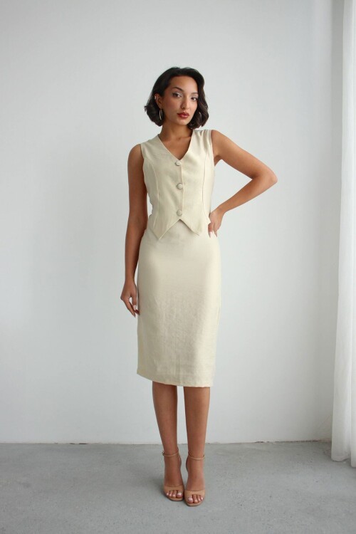 Bej Tensel Kumaş Yelekli Model Elbise BCHN-2526108