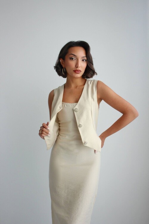 Bej Tensel Kumaş Yelekli Model Elbise BCHN-2526108