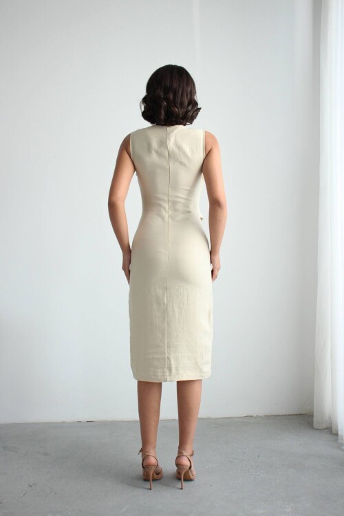 Bej Tensel Kumaş Yelekli Model Elbise BCHN-2526108