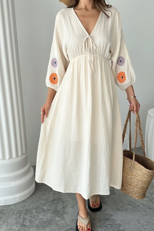 Bej V Yaka Balon Kol Bağcıklı Astarlı Uzun Elbise BCRU-261299