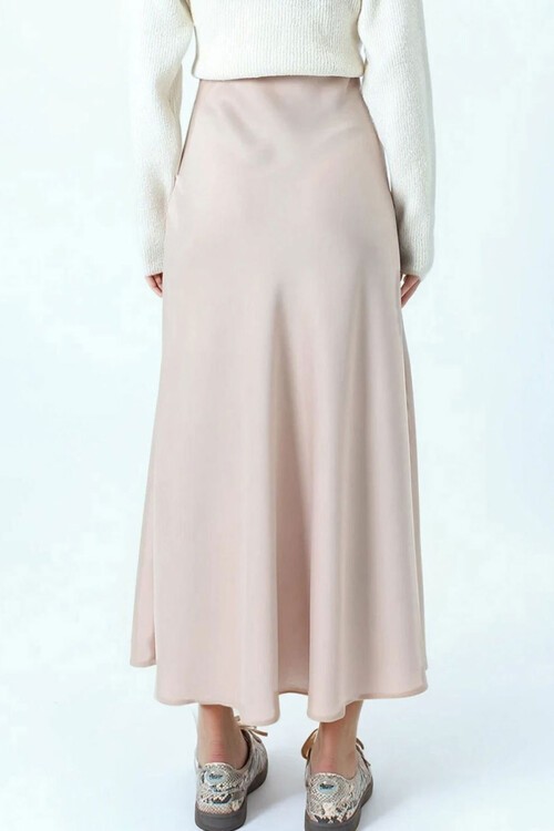 Bej Yüksek Bel Basic Saten Etek BCHCA-251231