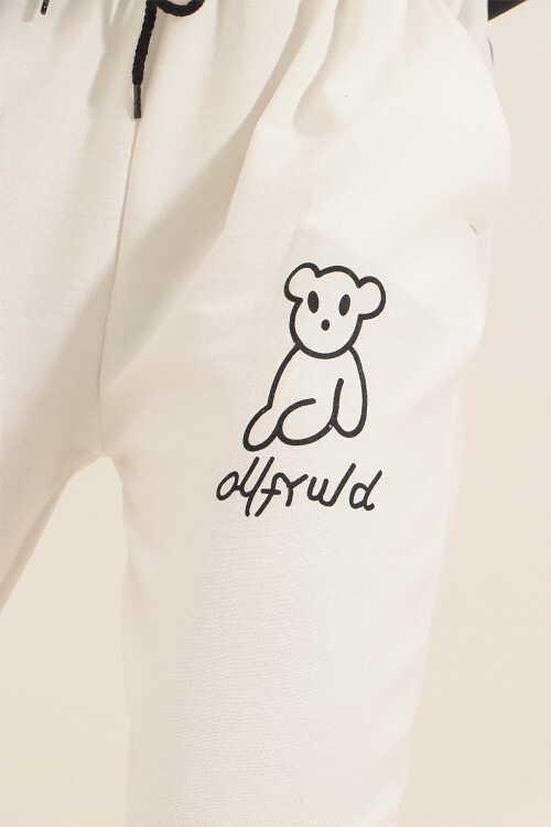 Beyaz Ayıcık Baskılı Paçası Lastikli İki İplik Eşofman Altı BCHYL-251258