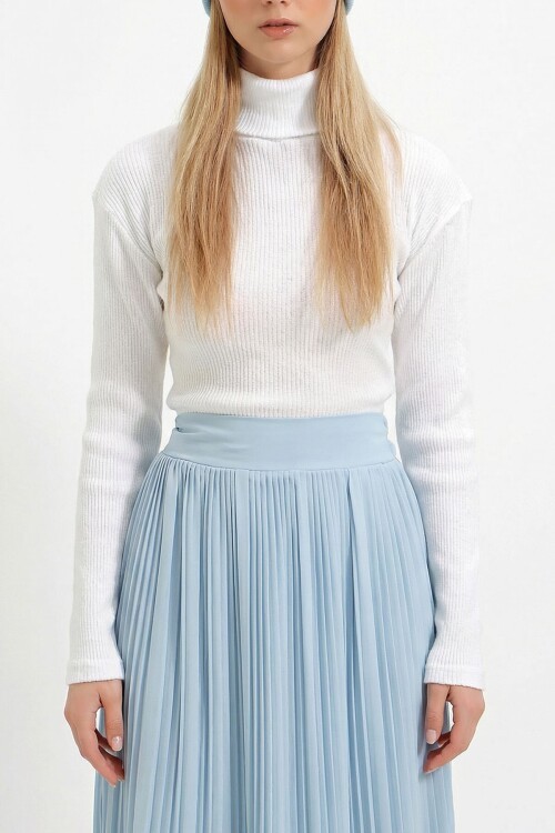 Beyaz Balıkçı Yaka Fitilli Basic Crop Body Bluz