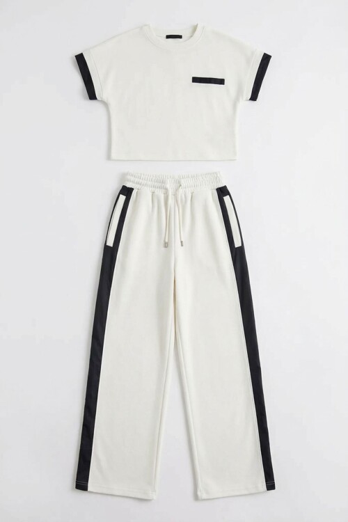 Beyaz Renk Bloklu Beli Lastikli Yumuşak Dokulu Kumaş Alt Üst Takım BCHN-2626133
