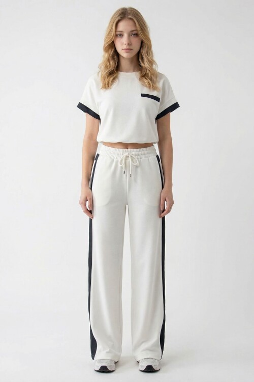 Beyaz Renk Bloklu Beli Lastikli Yumuşak Dokulu Kumaş Alt Üst Takım BCHN-2626133