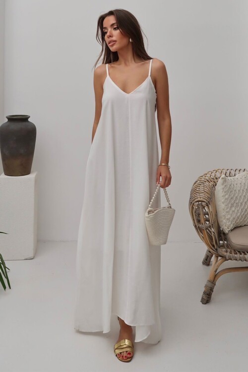 Beyaz V Yaka Askılı Uzun Astarlı Salaş Elbise BCRU-261300