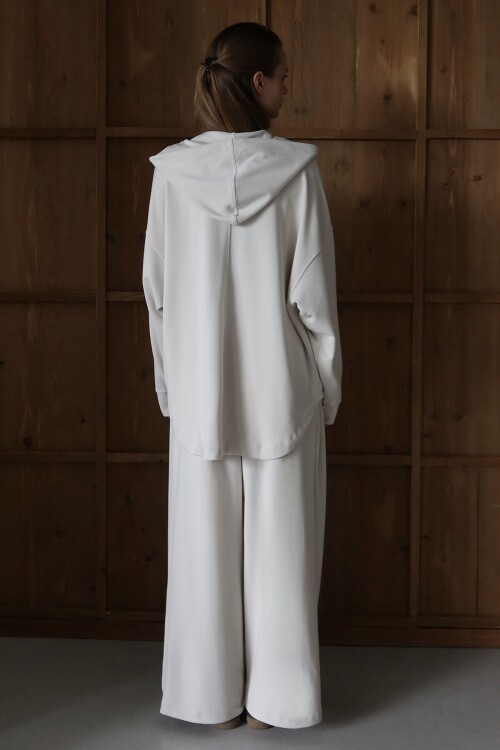 Beyaz Yüksek Bel Çift Cepli Palazzo Dokuma Pantolon BCRU-261309