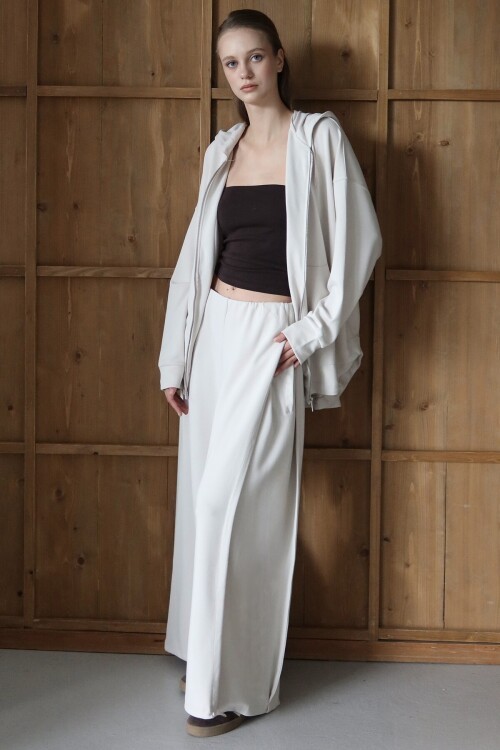 Beyaz Yüksek Bel Çift Cepli Palazzo Dokuma Pantolon BCRU-261309