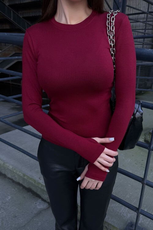 Bordo Bisiklet Yaka Parmak Detaylı Ultra Soft Kumaş Bluz BCDF-25B0001