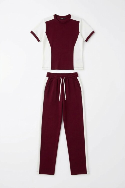 Bordo Blok Detaylı Yumuşak Dokulu Modal Kumaş Alt Üst Takım BCHN-2626126