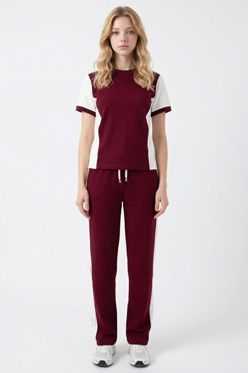 Bordo Blok Detaylı Yumuşak Dokulu Modal Kumaş Alt Üst Takım BCHN-2626126