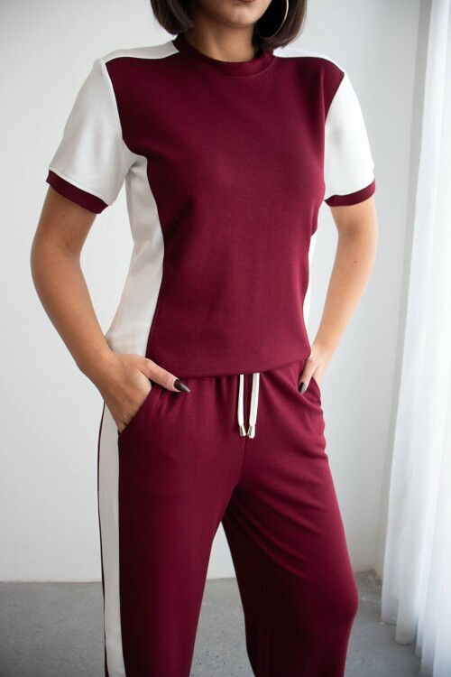 Bordo Blok Detaylı Yumuşak Dokulu Modal Kumaş Alt Üst Takım BCHN-2626126