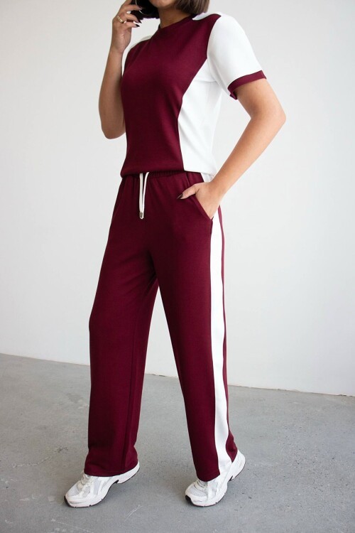 Bordo Blok Detaylı Yumuşak Dokulu Modal Kumaş Alt Üst Takım BCHN-2626126