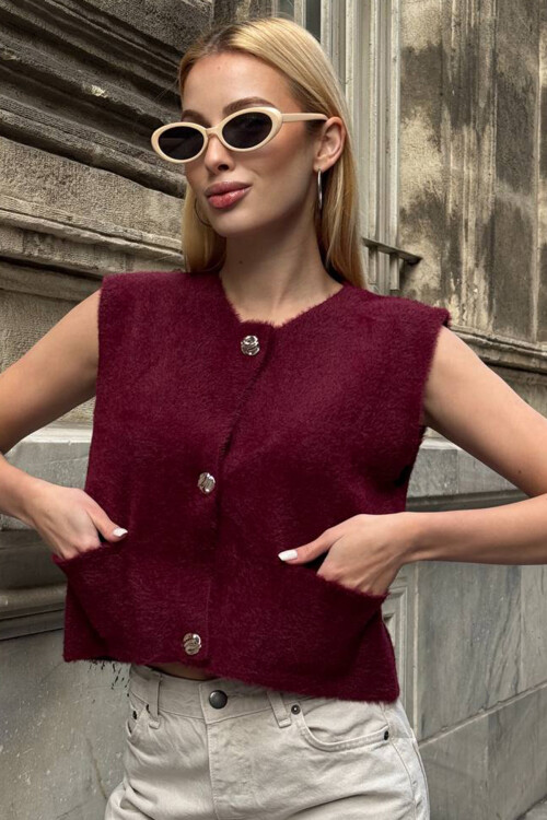 Bordo Çift Cepli Gold Düğmeli Yumoş Yelek Bluz BCHZCK-251262