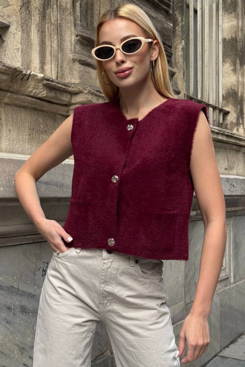 Bordo Çift Cepli Gold Düğmeli Yumoş Yelek Bluz BCHZCK-251262