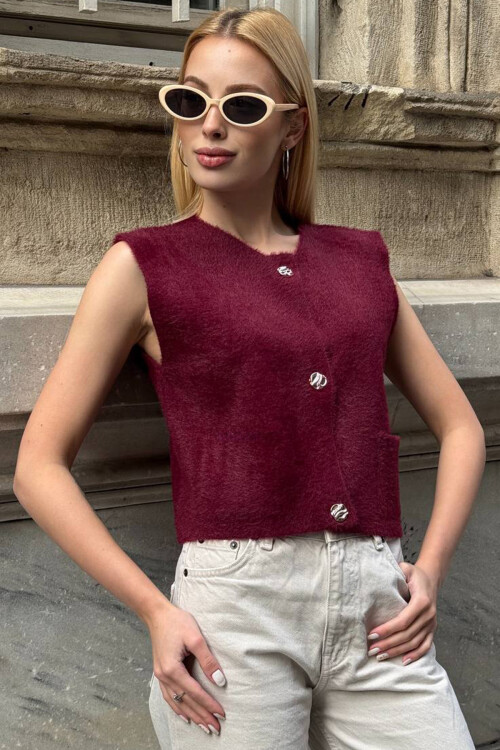 Bordo Çift Cepli Gold Düğmeli Yumoş Yelek Bluz BCHZCK-251262