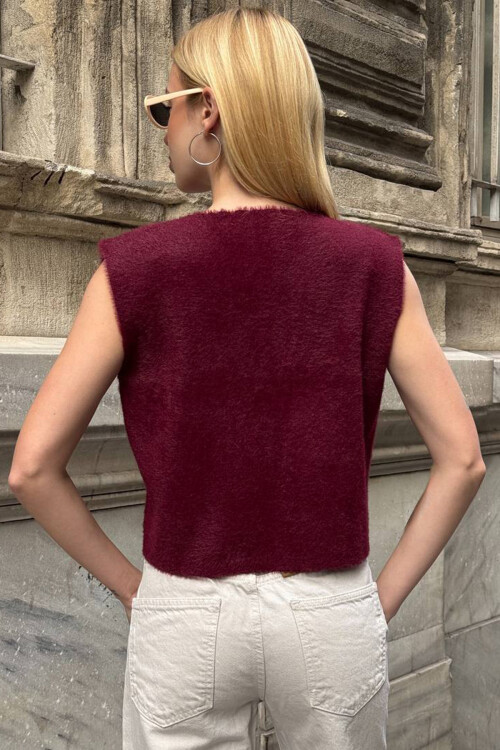 Bordo Çift Cepli Gold Düğmeli Yumoş Yelek Bluz BCHZCK-251262