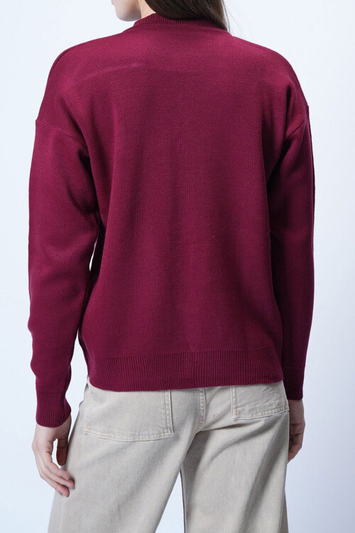 Bordo Düğmeli Kalp Nakışlı Kışlık Triko Hırka BCVL-25T3245