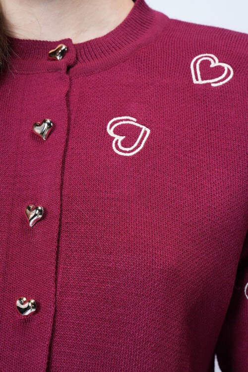 Bordo Düğmeli Kalp Nakışlı Kışlık Triko Hırka BCVL-25T3245