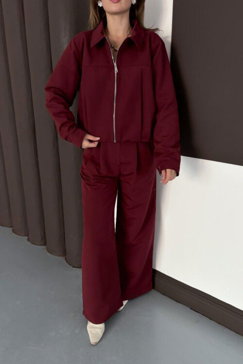 Bordo Fermuarlı Ceket Ve Pileli Pantolon Dokuma Alt Üst Takım BCHN-254003
