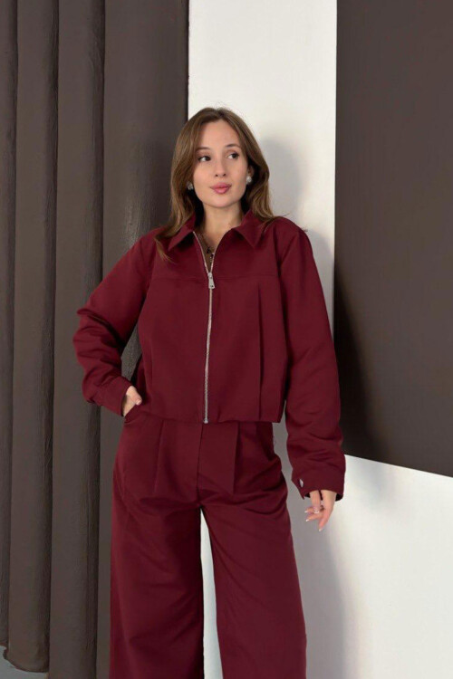 Bordo Fermuarlı Ceket Ve Pileli Pantolon Dokuma Alt Üst Takım BCHN-254003