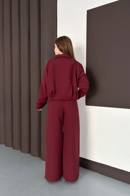 Bordo Fermuarlı Ceket Ve Pileli Pantolon Dokuma Alt Üst Takım BCHN-254003